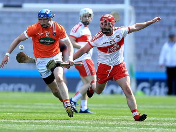 Naoise Waldron (right) in action Armagh's Conor Corvan during the 2017 Nicky Rackard Cup Final in Croke Park.