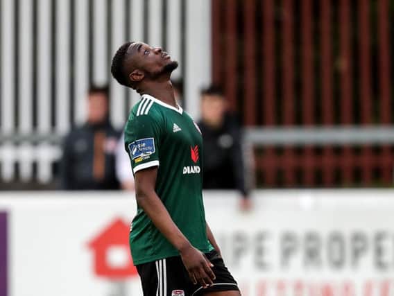 Derry City striker, Junior Ogedi-Uzokwe looks to the sky in despair after missing a free header against St Pat's.