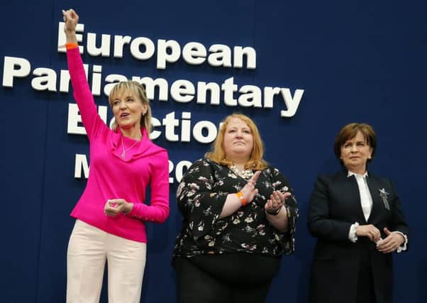Counting finishes at Meadowbank Leisure Centre in Magherafelt for Northern Ireland's European Parliament Election vote on Monday.   Three MEPs are returned for Northern Ireland including (L-R) Sinn Fein's Martina Anderson, Alliance Party's Naomi Long and The DUP's Diane Dodds. 
Picture by Jonathan Porter/PressEye