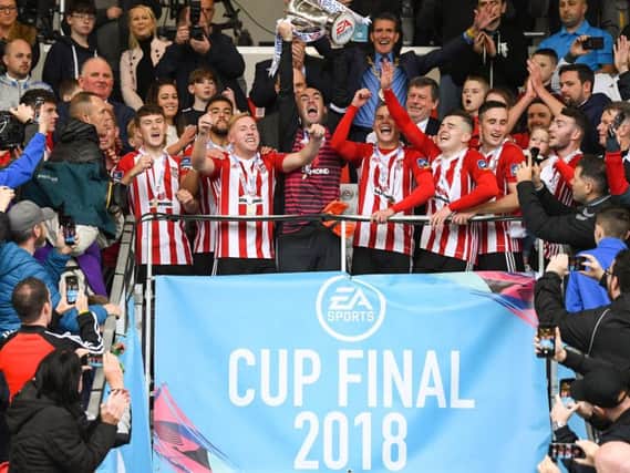 Derry City celebrate winning last season's EA Sports Cup Final.