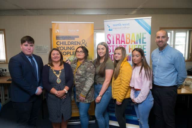 Participants in the Design Thinking Competition pictured with new Mayor of Derry City and Strabane District, Councillor Michaela Boyle, and Brian ONeill from Enterprise NW. Included are Matthew Rutherford, Niamh Conwell, Elisha Martin, Erin McAleer, and Ella Doherty.
