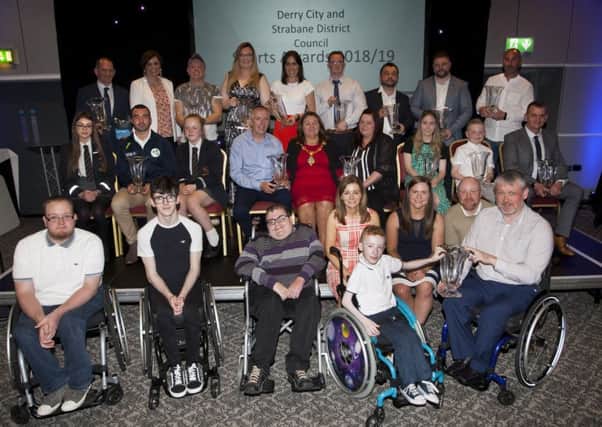 DCSDC SPORTS AWARDS 2018-19. . . . .Prizewinners, the Mayor, Councillor Michaela Boyle, guest speakers Shirley McCay and Stuart Thompson and MC Denise Watson pictured at the Derry City and Strabane District Coundil Sports Awards 2018/19 at the FirTrees Hotel, Strabane on Thursday night. (Photos: Jim McCafferty Photography)