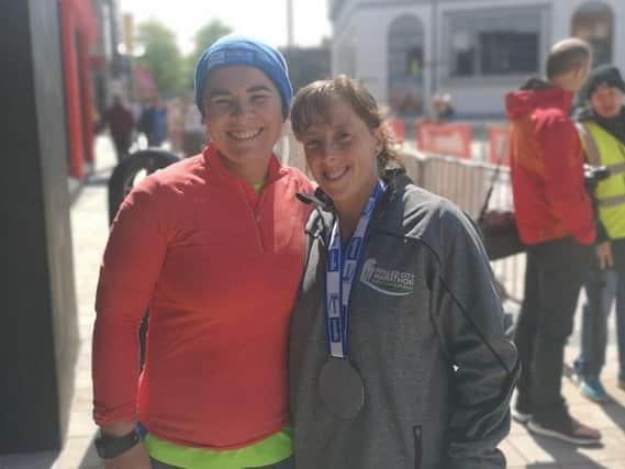 WEDDING ANNIVERSARY . . . Walled City marathon runner-up, Grace Kennedy-Clarke pictured with her wife, Tracey after Sunday's race.