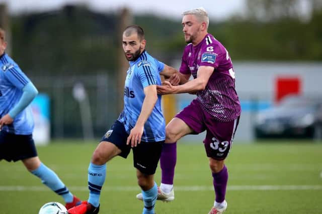 Derry City target, Conor Davis in action for UCD against Dundalk's Dean Jarvis.