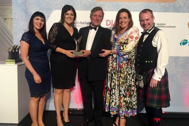 Derry City and Strabane District Council Marketing Officer Aisling McCallion receiving the Best International Experience of the Year award for Derrys 2018 Halloween Festival along with Councils Festivals and Events Officer Liz Cunningham and Rachel Melaugh, In Your Space Creative Business Manager.