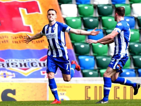 Darren McCauley celebrates his goal in the 2018 Irish Cup Final.