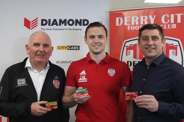 Sean Barrett, (Derry Chief Executive), Darren McCauley and Declan Devine (Derry City Manager) pictured at the launch of the Derry City half-season ticket.