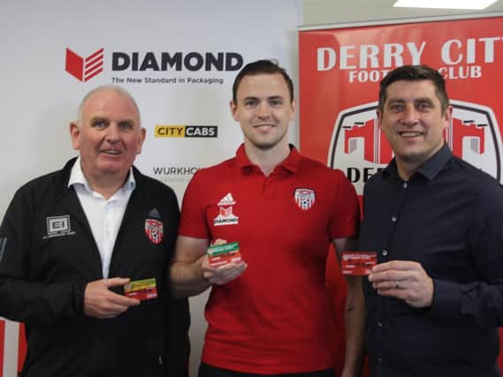 Sean Barrett, (Derry Chief Executive), Darren McCauley and Declan Devine (Derry City Manager) pictured at the launch of the Derry City half-season ticket.