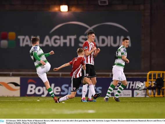 Dylan Watts puts Rovers ahead during the Hoops 2-0 win against Derry City on the Candy Stripes last visit to Tallaght.