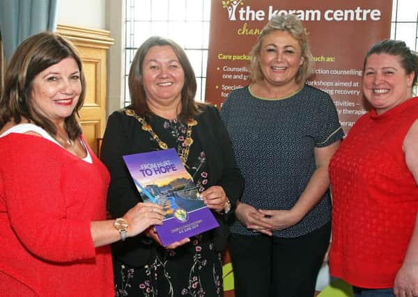 The Mayor Councillor Michaela Boyle, meeting with representatives from her two chosen charities in the Mayors parlour. Left is Marie Brown from the Foyle Womens Aid and on the right are Wenda Graham and Jennifer Hunter, with the Koram Centre in Strabane. 0619-1041MT.