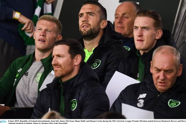 Republic of Ireland internationals, from left, James McClean, Shane Duffy and Ronan Curtis during the SSE Airtricity League Premier Division match between Shamrock Rovers and Derry City at Tallaght Stadium