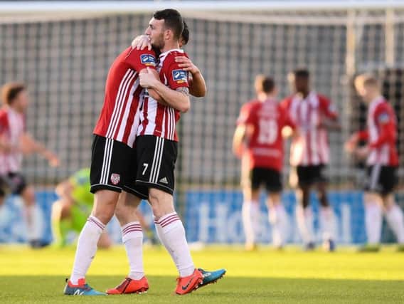 Derry City pair Eoin Toal and Jamie McDonagh celebrate after Junior Ogedi-Uzokwe's equaliser at Shamrock Rovers