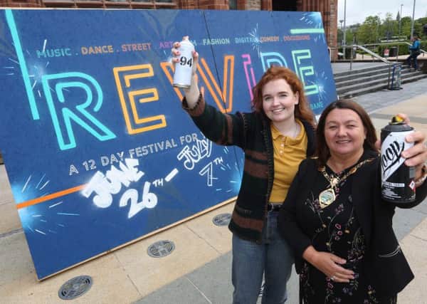Mayor of Derry City and Strabane District Council, Councillor Michaela Boyle and Youth 19 Young Peoples Marketing and Events Steering Group member Chloe Harkin launching the Rewire Festival in Guildhall Square