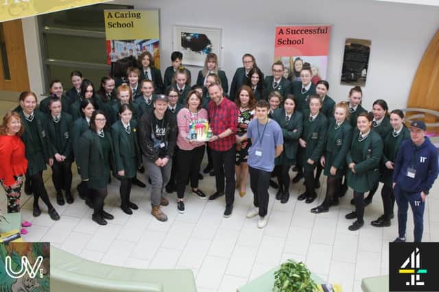 St Cecilia's College pupils with representatives from UV Arts and Channel 4.