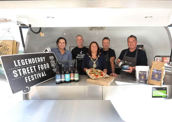 Pictured at the launch of the Street Food Festival are Mayor Michaela Boyle along with Catherine Goligher, Food officer with Derry City and Strabane District Council and Darren Bradley, Nonnas; Andy Rough,  Rough Brothers Beer and Gareth OConnor, Silverbean. (Lorcan Doherty Photography)