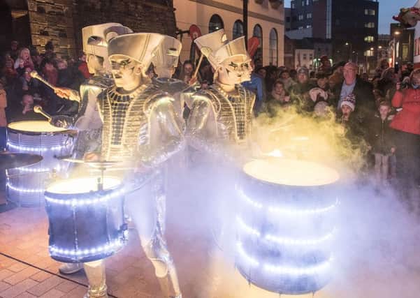 International drummers Spark! make their way through Derry city centre markets on last year during the annual Halloween Festival. Picture Martin McKeown. Inpresspics.com 28.10.18