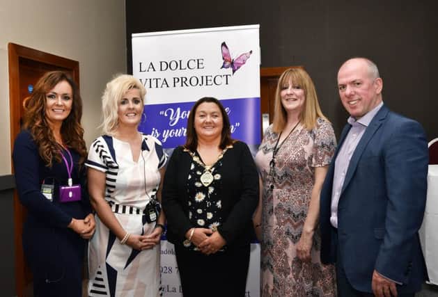 The Mayor, Councillor Michaela Boyle, pictured at the La Dolce Vita Project's Domestic Abuse, Violence Safety Conference in the City Hotel on Wednesday with, from left, Julie Smyth-Leddy, Chairperson, Donna Maria Logue, Founder and Coordinator, Joan Davis, Family Mediation NI, and Dermot Harrigan, PCSP Manager. DER2419-150KM