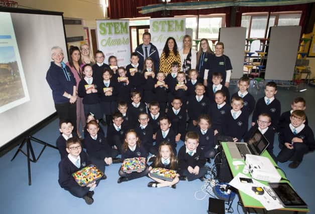 Pupils from St. Peterâ¬"s and St. Paulâ¬"s PS, Foreglen, pictured after completing the outreach programme through educational initiatives in the school on Monday, delivered by STEM Aware in conjunction with Sacyr/Wills Bros/Somague JV, the contractor responsible for completing the A6 Dungiven to Drumahoe Dualling Scheme on behalf of the Department for Infrastructure. (Photos: Jim McCafferty Photography)