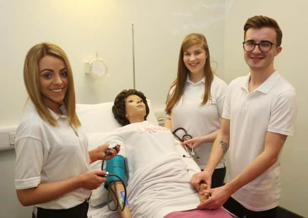 Year 3 Adult nursing students l-r Kerrie Davidson, Brittanny McArthur and Adam Dickson (Photo: Lorcan Doherty Photography)