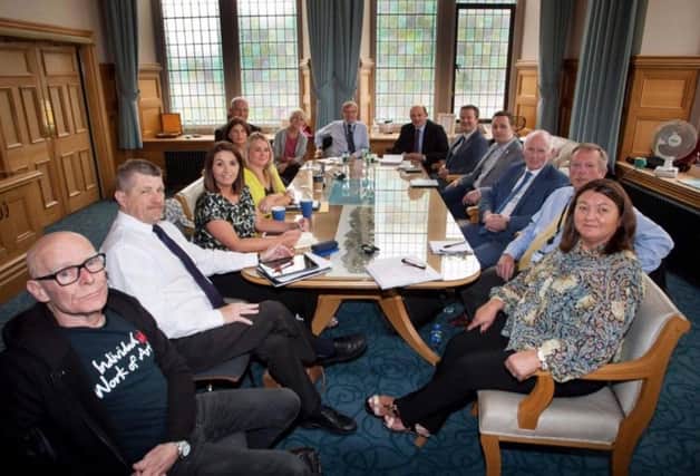 Mayor Michaela Boyle (front right) with representatives from Sinn Fein, the SDLP, UUP, DUP, People Before Profit, Ulster University and other stakeholders at the meeting in the Guildhall last week.