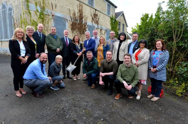 Group pictured at the commencement of the refurbishment of Victoria Hall, Culmore Point, as a multi-service community centre and hub. Included in the picture is Edward Montgomery, from The Honourable The Irish Society, owners of the property, Cathal Crumley, Secretary, Culmore Community Partnership, Colr Michaela Boyle, Mayor of Derry and Strabane, Neil Doherty, Chairperson, Culmore Community Partnership, contractors, representatives of Derry and Strabane Rural Partnership and local councillors. DER2519GS-005