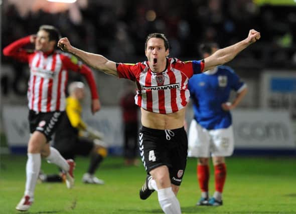 Barry Molloy scores during Derry City's Setanta Cup win over Linfield at the Brandywell, in 2012.