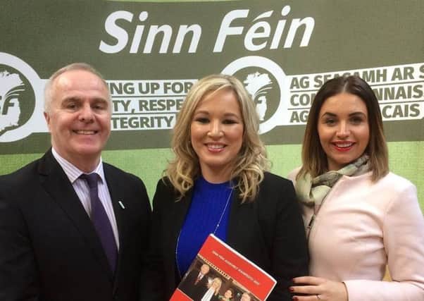 Foyle MP Elisha McCallion pictured previously with Sinn Féin deputy leader Michelle O'Neill and Foyle MLA Raymond McCartney.