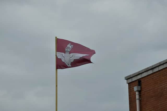 A British Parachute Regiment flag flying from a pole several years ago in Derry's Waterside. DER2816GS053