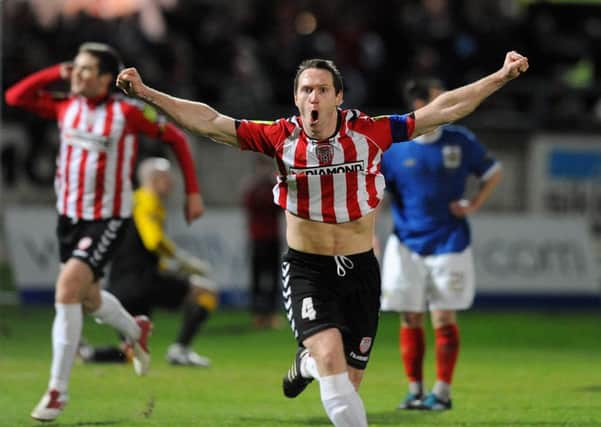 Derry Citys Barry Molloy scores against Linfield during the 2012 Setanta Cup tie at the Brandywell.