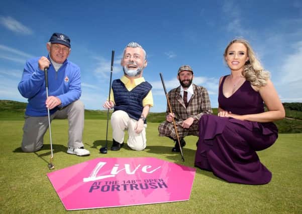 Getting ready for Live at The 148th Open, a seven day programme of entertainment organised by Causeway Coast and Glens Borough Council to celebrate the return of The Open are John McNally from Portrush Heritage Group, local actor Andy Porter, Northern Ireland Opera singer Maria McGrann along with a specially-commissioned 'big head' character of golfer Darren Clarke. PICTURE KEVIN MCAULEY/MCAULEY MULTIMEDIA