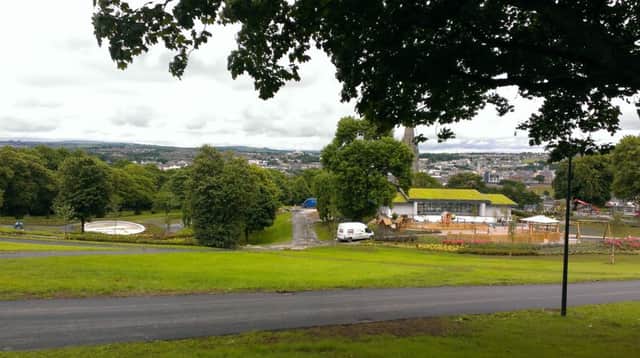 View from the top of the park with the play park and Gwyn's Pavillion cafe below.