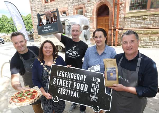 Mayor Michaela Boyle along with Catherine Goligher, Food officer with Derry City and Strabane District Council and Darren Bradley, Nonnas; Andy Rough,  Rough Brothers Beer and Gareth OConnor, Silverbean. (Photo Lorcan Doherty)