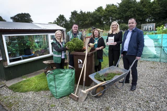 GARDEN WASTE. . . . . The Mayor of Derry City and Strabane District Council, Michaela Boyle pictured at the launch of the Councilâ¬"s Garden Waste Pilot Scheme on Monday morning. Included from left are Catherine Doherty and James Oâ¬"Donnell, Council Recycling Inspectors, Julie Hannaway, DCSDCâ¬"s Waste Recycling Officer and Councillor Brian Tierney, Chair, Environmental and Regeneration Committee, DCSDC. (Photo: Jim McCafferty Photography)