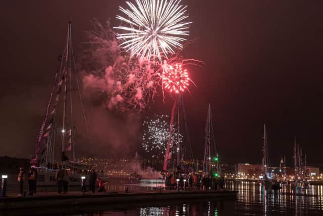 The spectacular fireworks display on the River Foyle  lights up the sky over the Clipper Round the World Yacht Race during the Voyages Showcase Finale during the Foyle Maritime Festival. Picture Martin McKeown.ClipperRound The WorldRace. 20.07.18