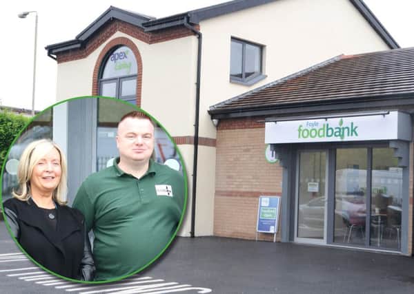 Foyle Foodbank and inset: Sheena McCallion, Chief Executive of Apex Housing Association and James McMenamin, Manager of Foyle Foodbank.