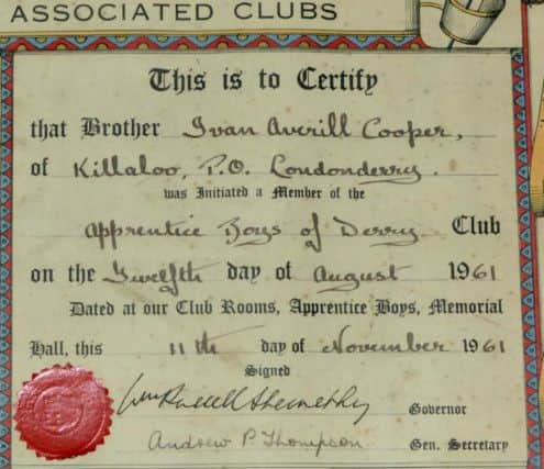 Part of a larger Apprentice Boys of Derry certificate