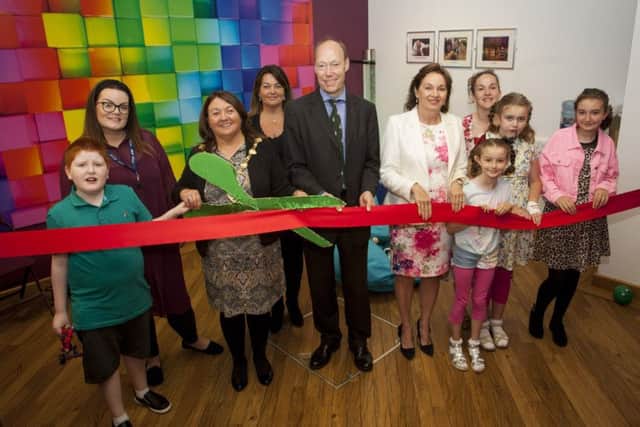 NEW QUIET/SENSORY ROOM AT FORUM. . . . .The Mayor, Councillor Michaela Boyle officially opens the new Quiet/Sensory Room at the Millennium Forum last week. Includedare Mags Carlin (Millennium Forum), Edward Montgomery (The Honourable The Irish Society), Lisa Heaney (Millennium Forum), Dolores Oâ¬"Reilly (Derry Theatre Trust) and members of Ardnashee Primary School. (Photos: Jim McCafferty Photography)