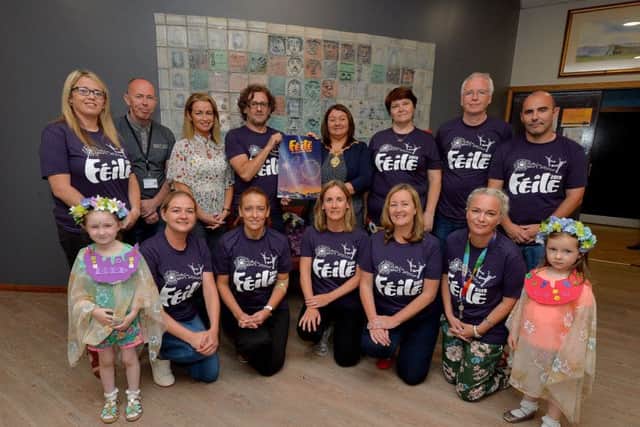 Paddy Danagher, Streets Alive co-ordinator, and the Mayor, Councillor Michaela Boyle pictured launching the programme of events for the Gasyard Feile 2019 at the Gasyard Centre yesterday afternoon. Included in the picture are Councillor Tina Burke, Feile sponsors, and representatives of participating groups. The 27th annual Feile will run from 7th-17th August. DER2919GS-034