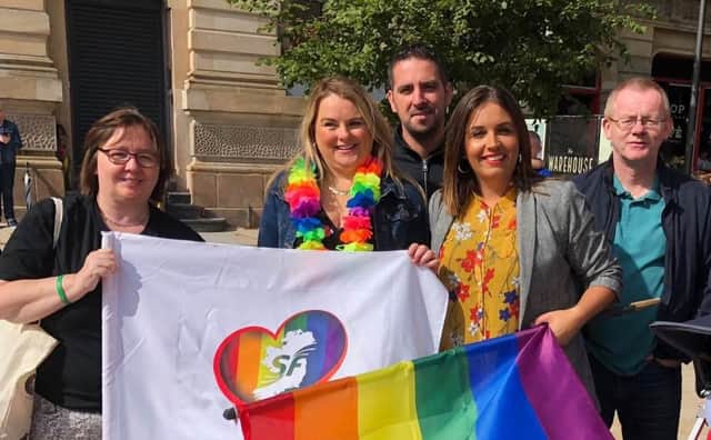Sinn Fein Colr. Sandra Duffy with Foyle MP Elisha McCallion and others pictured previously celebrating Foyle Pride.