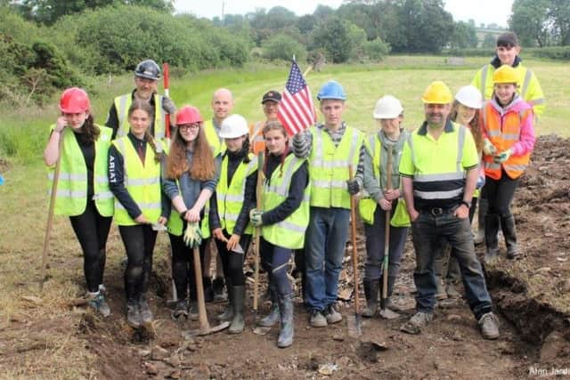 The whole team involved in the dig to recover parts of a P38 lightening which crashed in co.Monaghan in 1942. The team included local aviation historial Jonny McNee, pupils from Foyle College and a school in Monaghan.