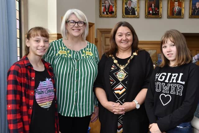 The Mayor, Councillor Michaela Boyle pictured with, from left, Angelina Martinkevich, Annette Smith and Marlen Bezheleva, when she hosted a reception in the Guildhall for Chernobyl children and their host familes. DER2919-141KM