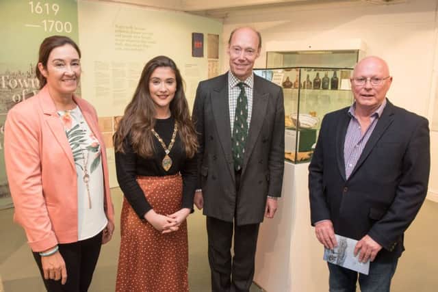 Derry City and Strabane District Council Deputy Mayor, Councillor Cara Hunter pictured with Roisin Doherty, Curator, Tower Museum, Edward Montgomery, The Honourable The Irish Society and Dr. Brian Lacey pictured at the opening of the Walled City, 400 years exhibition in the Tower Museum. Picture Martin McKeown. 19.07.18