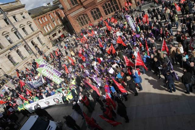 A section of the attendance at a protest against Welfare Reform cuts in Guildhall Square several years ago. DER1015MC140