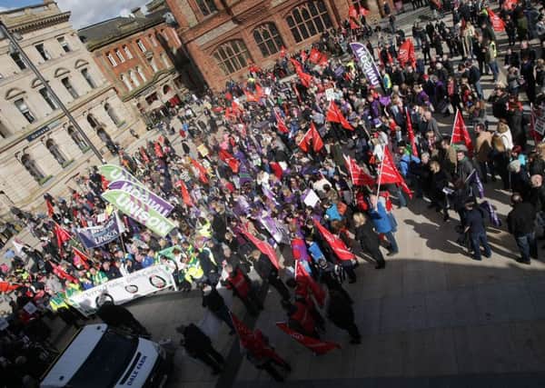 A section of the attendance at a protest against Welfare Reform cuts in Guildhall Square several years ago. DER1015MC140