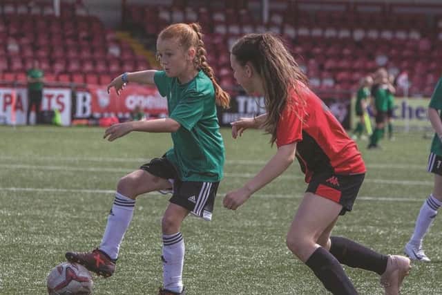 Action from Crusaders against Derry City Ladies in the u-11 ONeills Foyle Cup clash at Brandywell on Tuesday.
