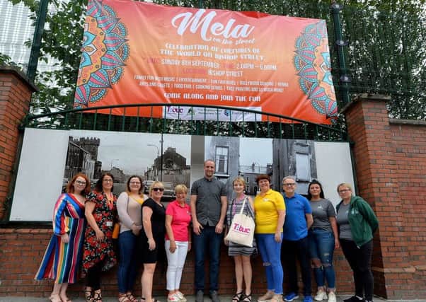 Group pictured at the recent launch of Mela on the Street; a celebration of cultures that will take place on the Bishop Street interface on Sunday 8th September next from 2pm -6pm. Included in the picture are Sonia Hill, from the Good Relations Executive Office, the event sponsors, Mark H. Durkan MLA, Pauline ONeill, DCSDC Good Relations and representatives of participating groups. DER3019GS-061