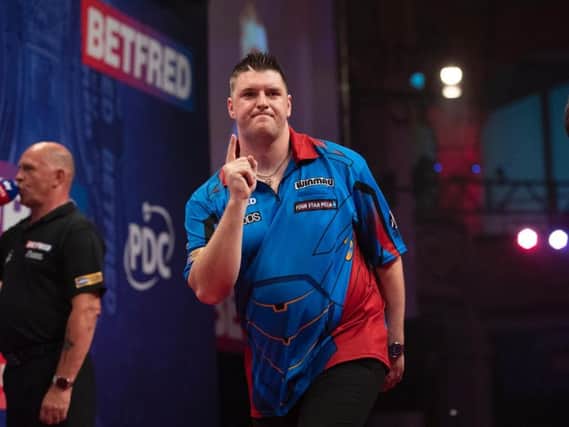 Daryl Gurney celebrates defeating Keegan Brown, to reach the Betfred World Matchplay quarter-finals.