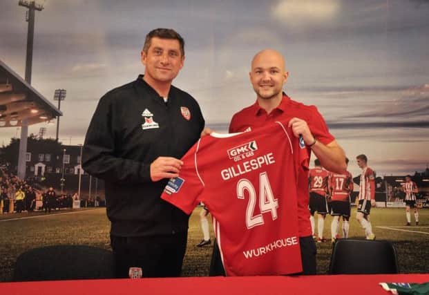 Derry City new signing Grant Gillespie pictured alongside manager Declan Devine. Picture by Kevin Morrison