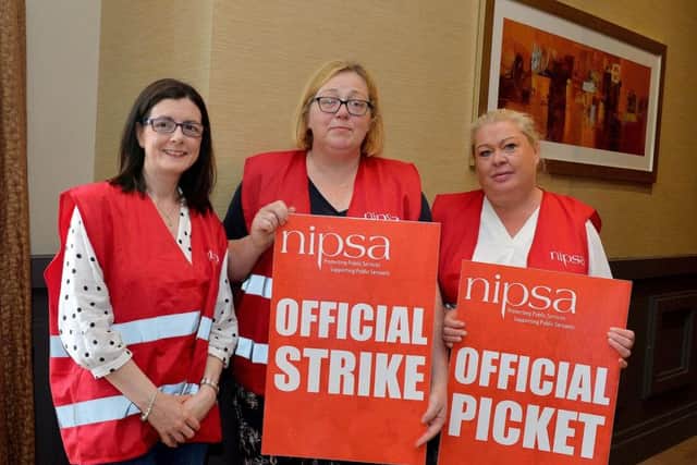 Elizabeth Melaugh, Anne Richardson and Siobhan, Careers Services staff, pictured at the NIPSA rally held in the City Hotel Recently.  DER3019GS-065