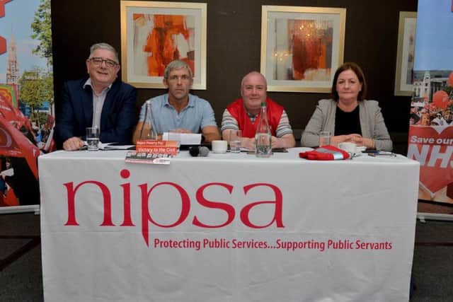 Speakers at the NIPSA rally in the City Hotel on Friday, left to right: Gerry Murphy, President, Irish Congress of Trade Unions, Niall McCarroll, Chairperson of Derry Trades Union Council, Ruaidhri O Sandair, NIPSA representative, and Carmel Gates, Deputy General Secretary, NIPSA.  DER3019GS-067